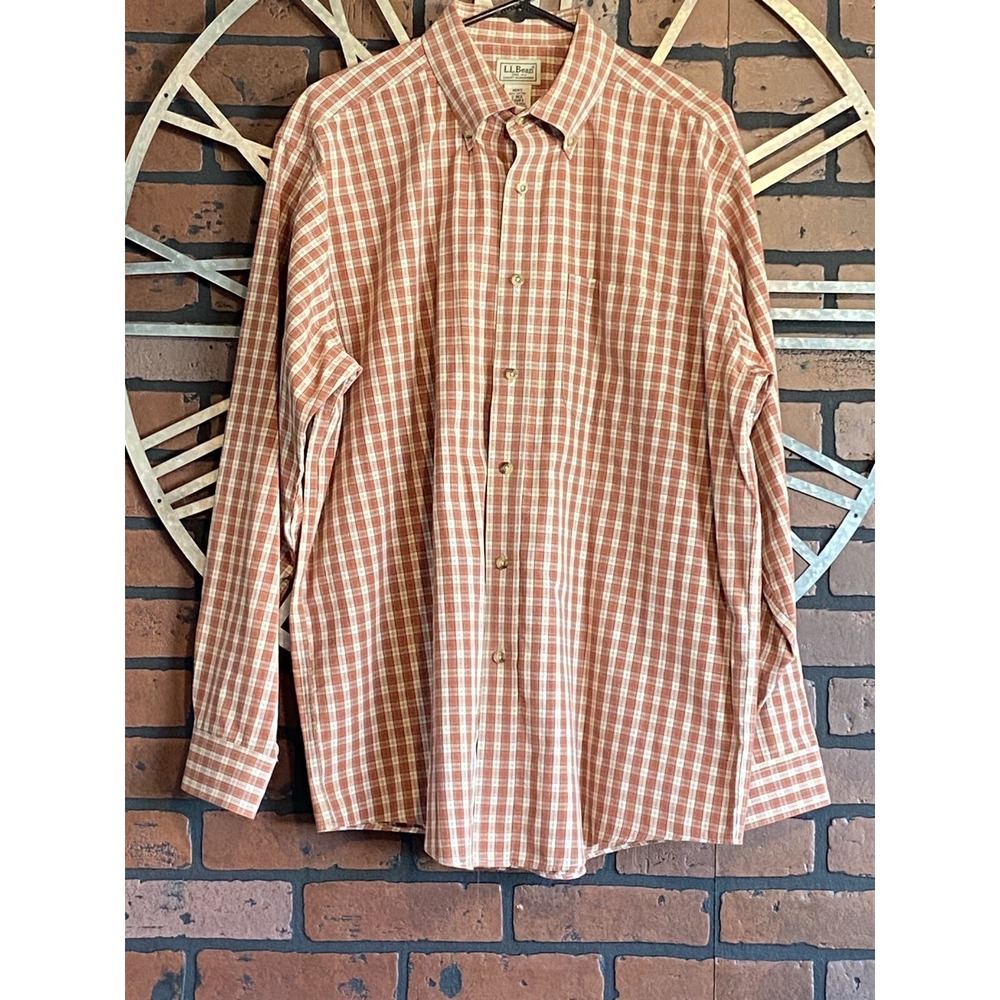 Men's LL Bean Orange Long Sleeve Plaid Button Up Shirt Size Large